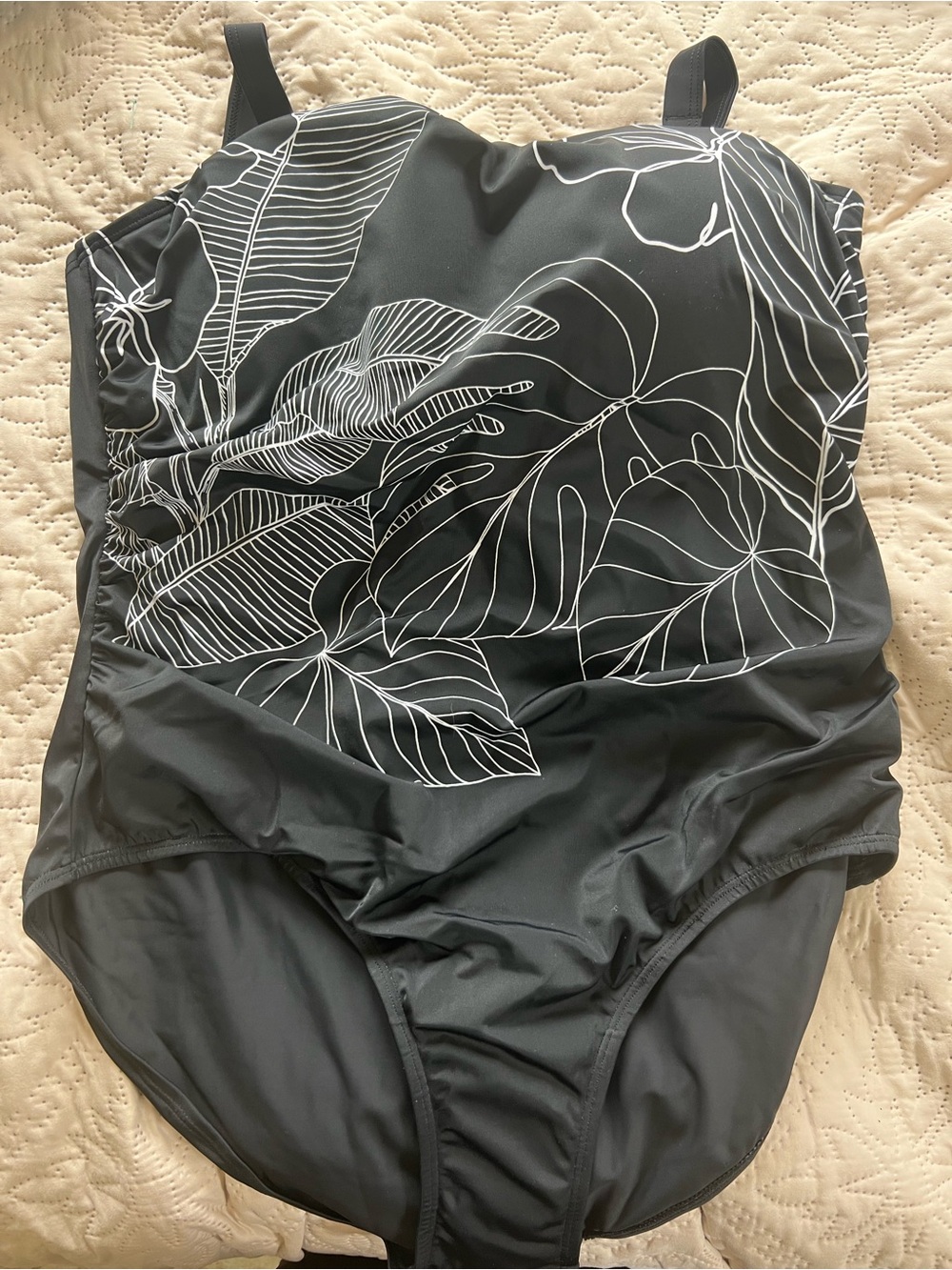 Jantzen Black One-Piece Swimsuit with White Leaf Print